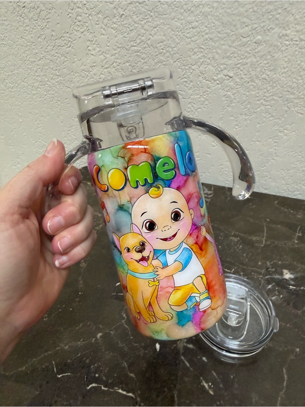 Cocomelon Colorful Watercolor 12 Oz Sippy Convertible Tumbler Cup Handmade